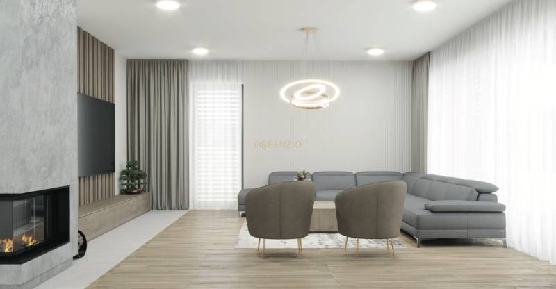 Living room in a family house with a fireplace, modern lighting, and a gray sofa.