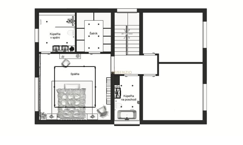 Floor plan of a family house with a bedroom, bathrooms, and a walk-in closet.