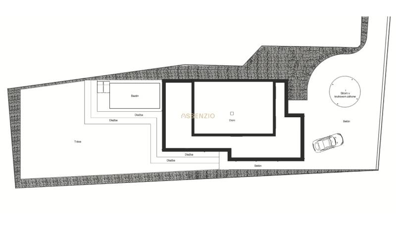 Floor plan of a family house in Opoj with a swimming pool, car, and green zone.
