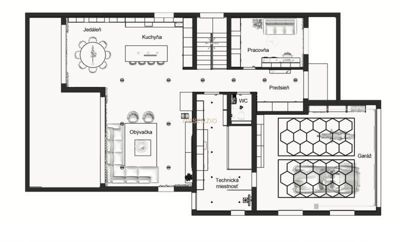 Floor plan of a family house: living room, kitchen, dining room, study, garage, and utility room.