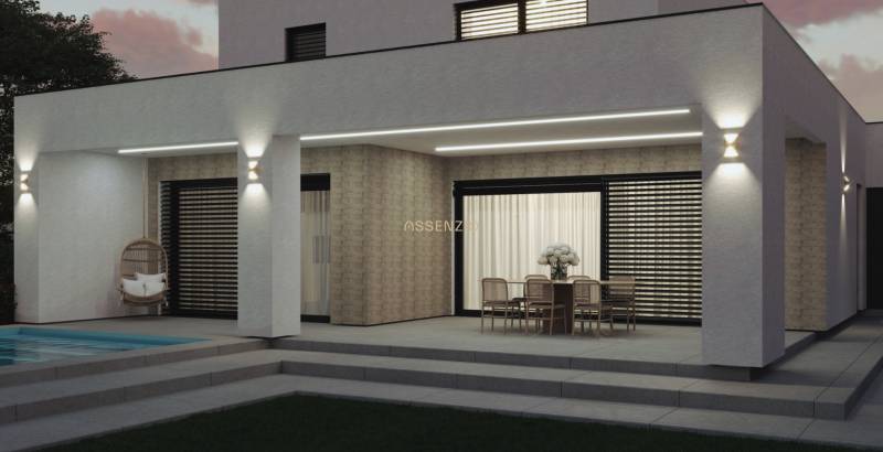 A family house in Opoj with a terrace, swimming pool, and garden seating at sunset.