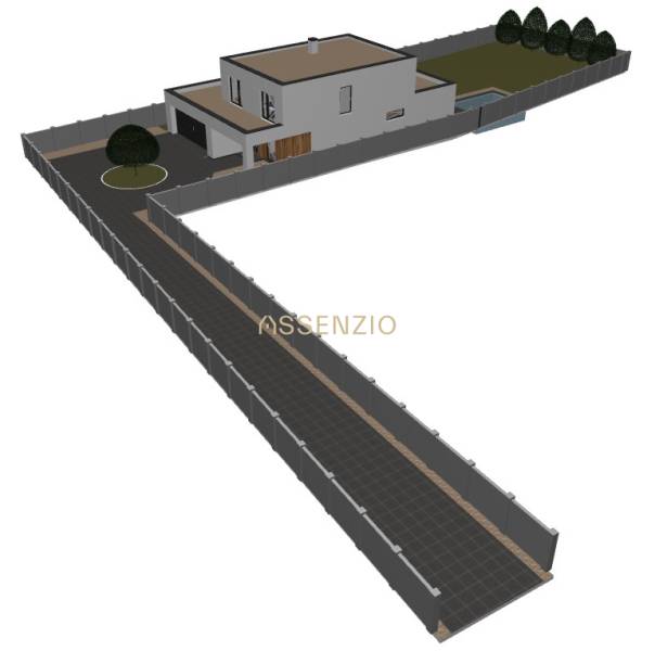 Visualization of a family house in Opoj with a garden, road, and fencing.