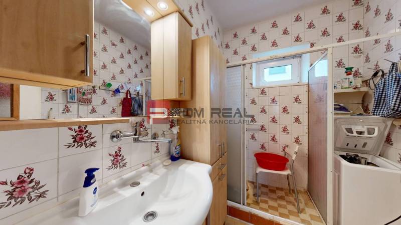 A bathroom with a shower, a washing machine, and floral tiles in a family house.