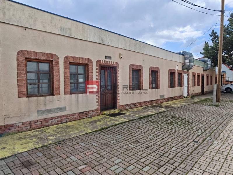 Partizanska Street in Svätý Jur with commercial spaces, brick windows and doors, paved sidewalk.