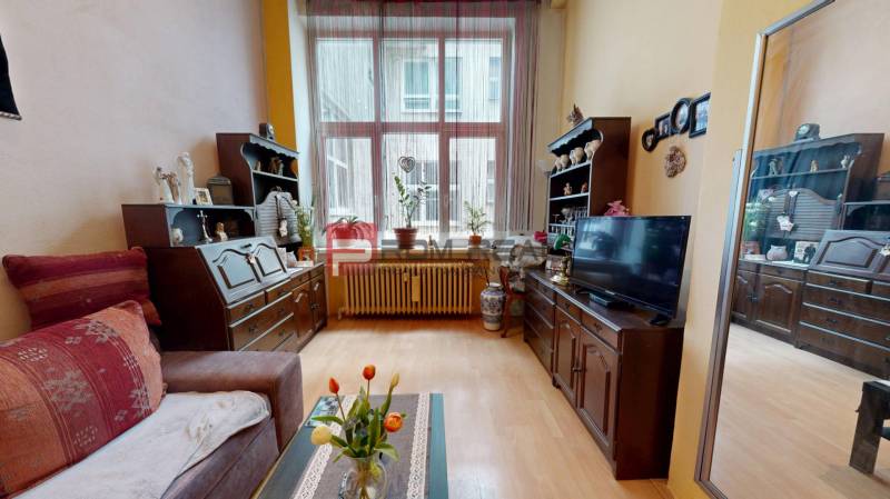 Living room in a two-room apartment with antique furniture, a television, and a large window.