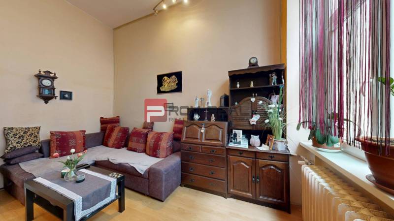 Living room in a two-room apartment with a fabric sofa and wooden furniture.