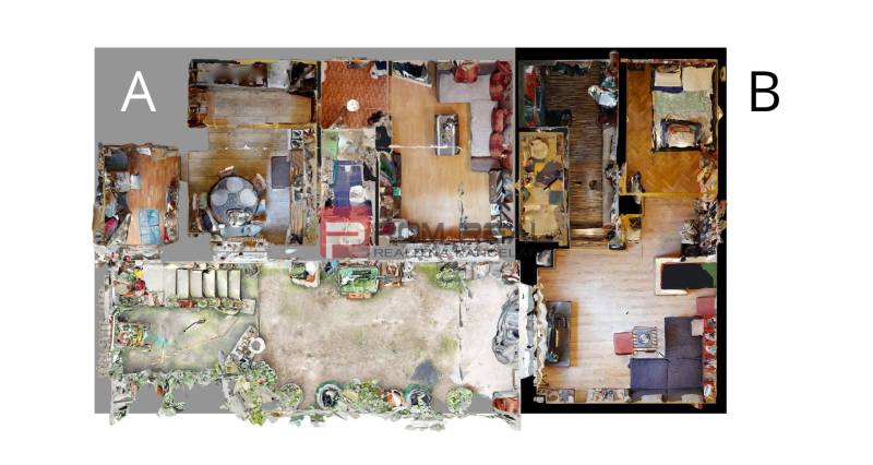 Floor plan of two apartments with a garden, labeled as A and B.