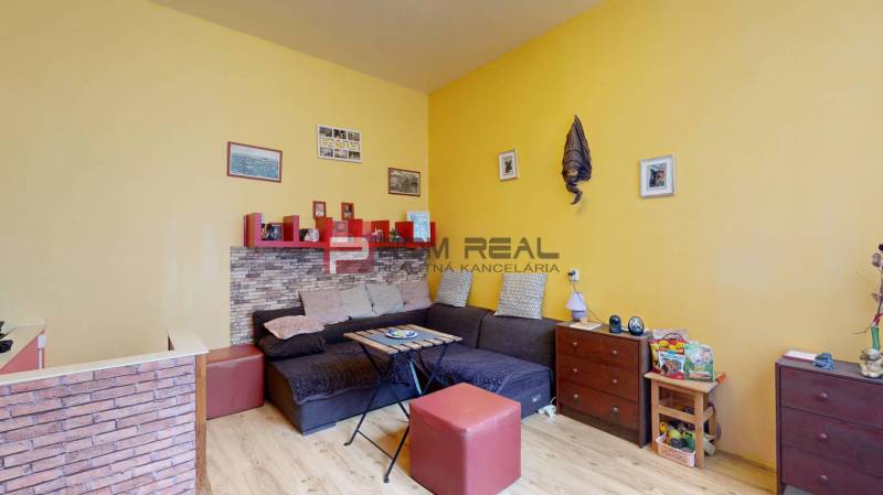 Living room of a two-room apartment with colorful walls, a comfortable sofa, and decorations.