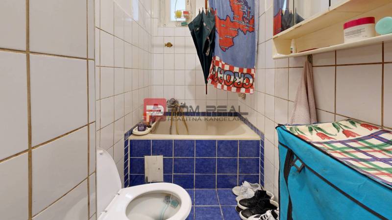 A bathroom in a 2-room apartment with a bathtub tiled with blue tiles.