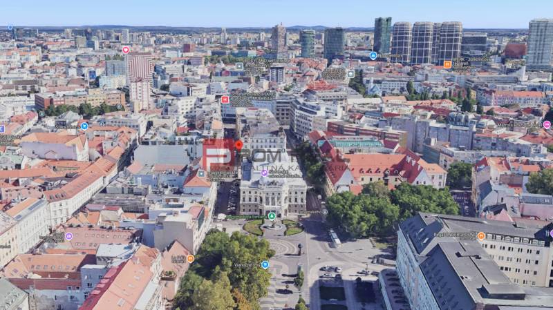 Aerial view of the center of Bratislava, Gorkého Street with buildings and greenery.
