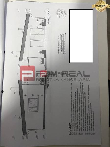 Architectural drawing of a family house in Pezinok with technical specifications and a legend.