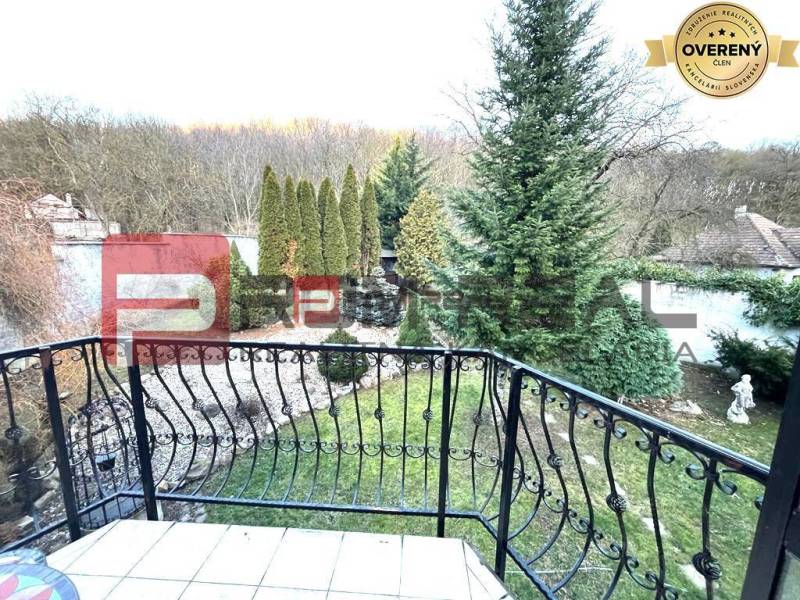 The garden of a family house in the village of Píla with ornamental trees and wrought iron railings.