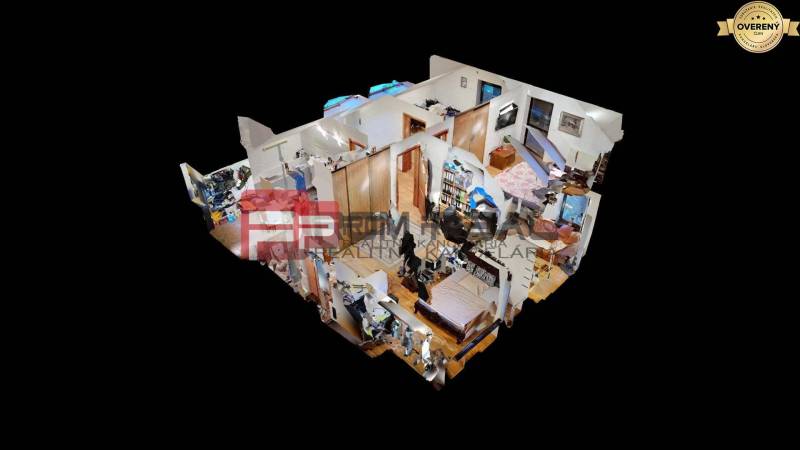 3D model of an interior with several rooms, furnishings, and functional spaces of a family house.