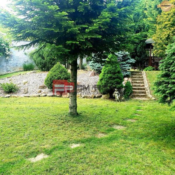 A garden at a family house in Píla with a lawn, trees, and stone steps.