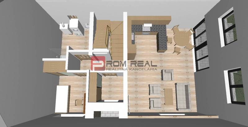 Apartment design with a kitchen, living room, dining area, and bathroom in the space of Land - living.