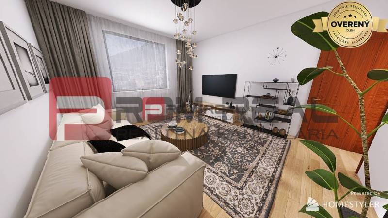 Living room with a sofa, decorative carpet, and TV in a 2-room apartment.