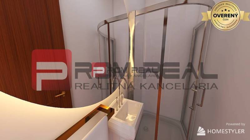 A bathroom in a 3-room apartment with a modern corner shower and a sink.