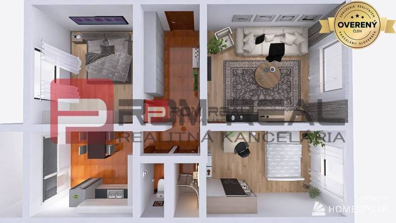 The floor plan of a 3-room apartment shows the layout of the rooms and furniture.