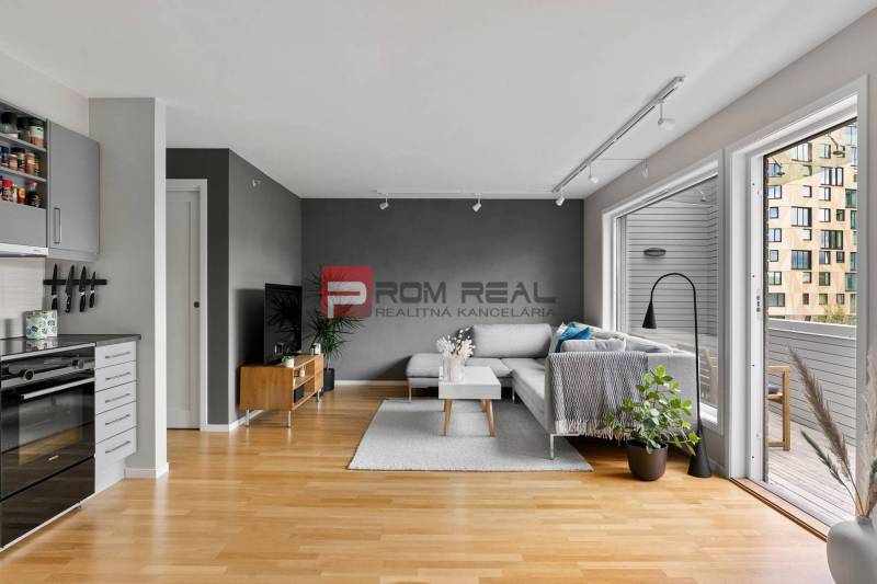 Living room with a kitchen in a 3-room apartment, with a sofa, kitchen unit, and a view of the terrace.