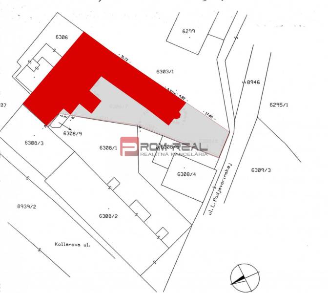 Cadastral map with a marked building on Ľ. Podjavorinská Street in Trnava.