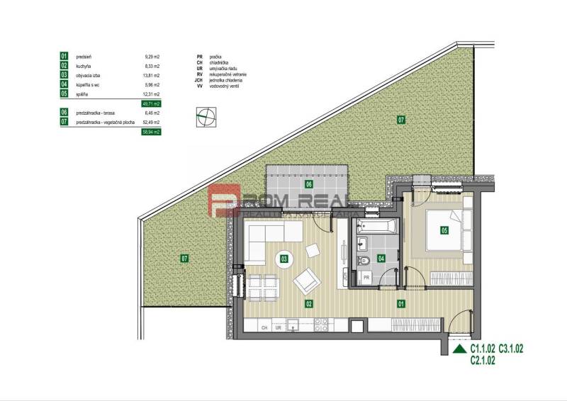 Floor plan of a 2-room apartment with a terrace and garden on Pezinok street. The apartment includes an entrance hall, kitchen, living room, bathroom, and bedroom.