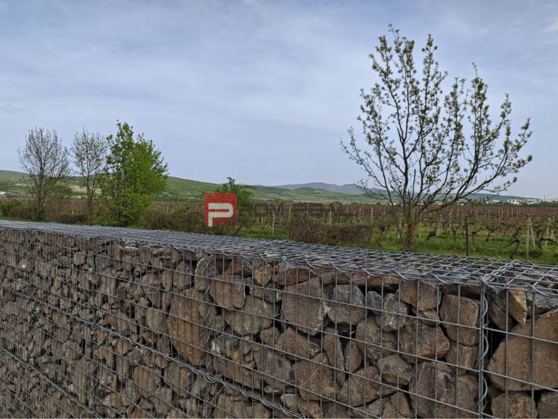 Gabion wall in Pezinok with vineyards and hills in the background.