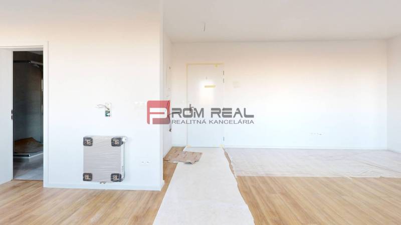An empty room in a 2-room apartment, with laminate flooring on the ground, also showing the bathroom.