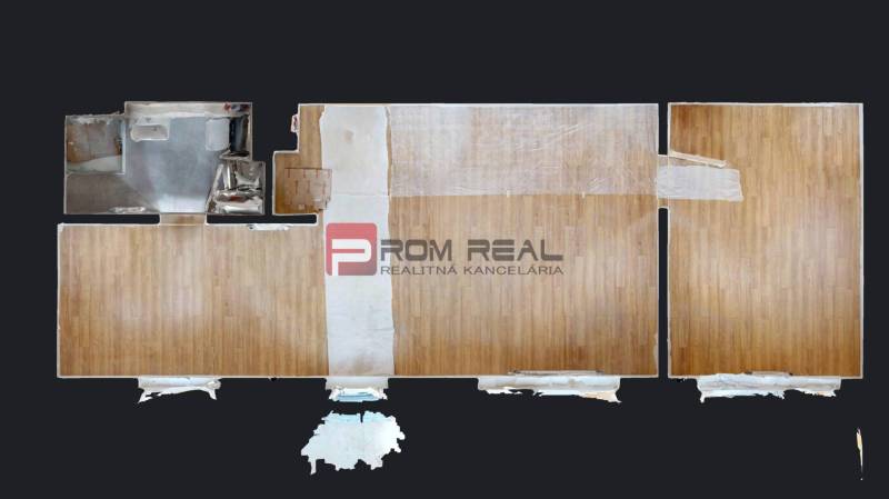 Floor plan of a 2-room apartment with parquet flooring and a furnished kitchen.