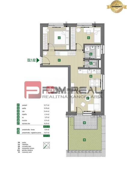 The floor plan of a 3-room apartment on Limbašská Street includes an entrance hall, kitchen, bathroom, and terrace.
