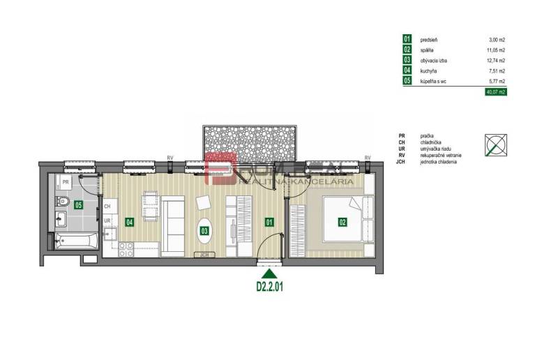 Floor plan of a 2-room apartment with an area of 40.07 m², Limbašská cesta. Bedroom, living room, kitchen.