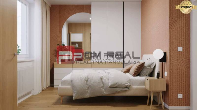 Bedroom with a bed, built-in wardrobe, and decorative wall, on Limbašská cesta street.