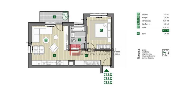 Floor plan of a 2-room apartment 49.71 m², consists of a kitchen, living room, bedroom, balcony.