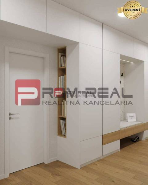 Interior with white built-in wardrobes, view on Limbašská Street and a 2-room apartment.