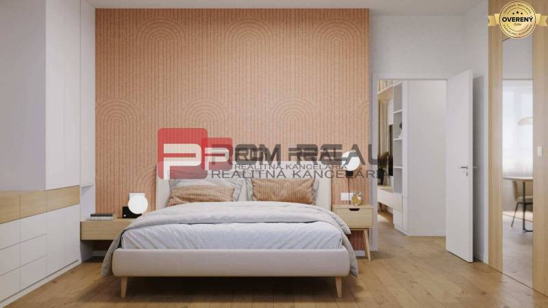 Bedroom with a double bed next to wooden flooring and beige wallpaper, 2-room apartment.