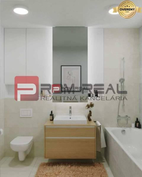 Bathroom on Limbašská cesta street, 2-room apartment, light tiles, wooden furniture, modern equipment.