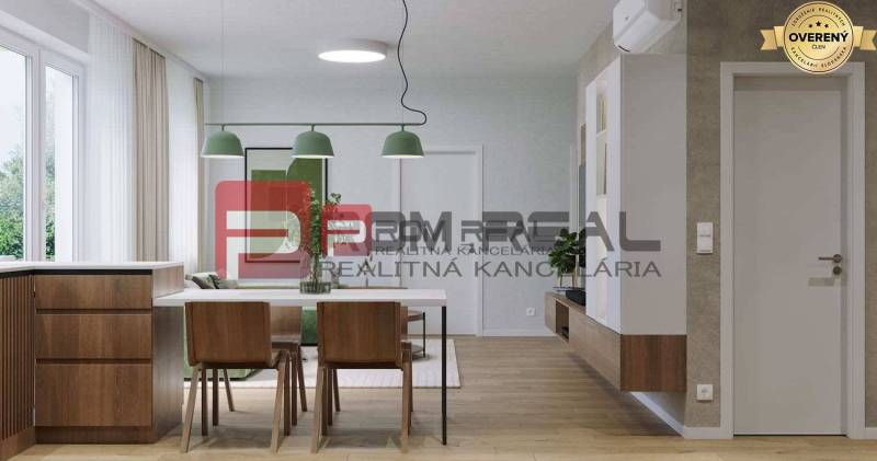 Interior of a 2-room apartment on Pezinok Street; kitchen, dining room, wooden elements, bright atmosphere.