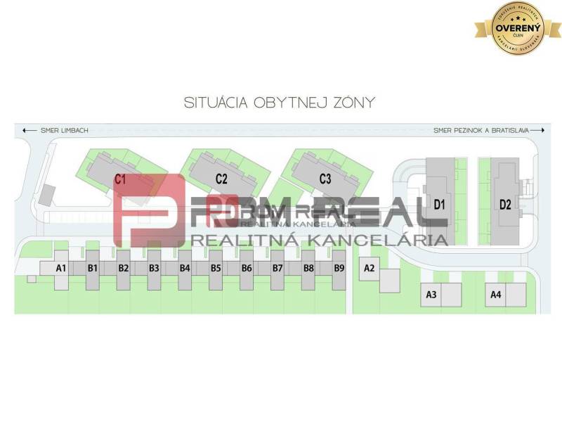 Plan of residential development with building labels on Limbašská cesta street.