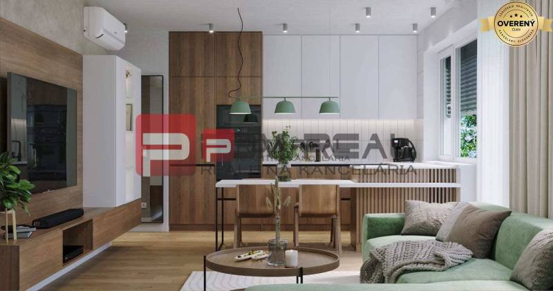 Living room and kitchen with wooden furniture and green accents in a 2-room apartment Pezinok.