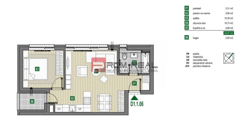 Floor plan of a 2-room apartment with a loggia, includes a bedroom, living room, and bathroom.