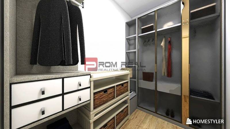 A wardrobe with shelves, drawers, and cabinets in a studio apartment.