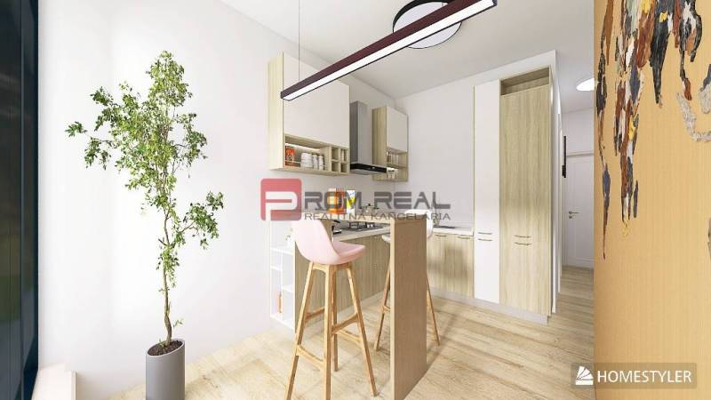 A kitchen corner with light wood, a plant, and bar stools in a studio apartment.