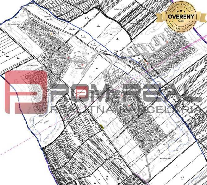 Cadastral map with plots on Senecká Street, surrounded by agricultural and forest land.
