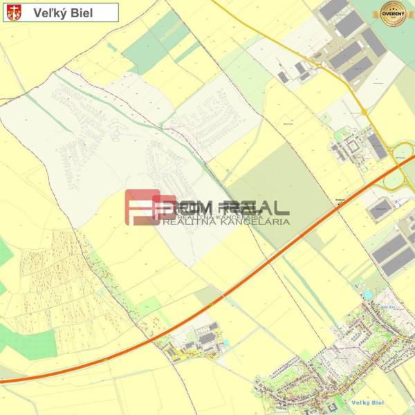 The map shows Veľký Biel with sections on Senecká Street and agricultural and forest land.