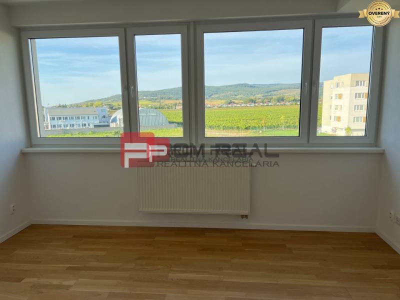 A room with a light wooden floor surface and a view in a 4-room apartment.