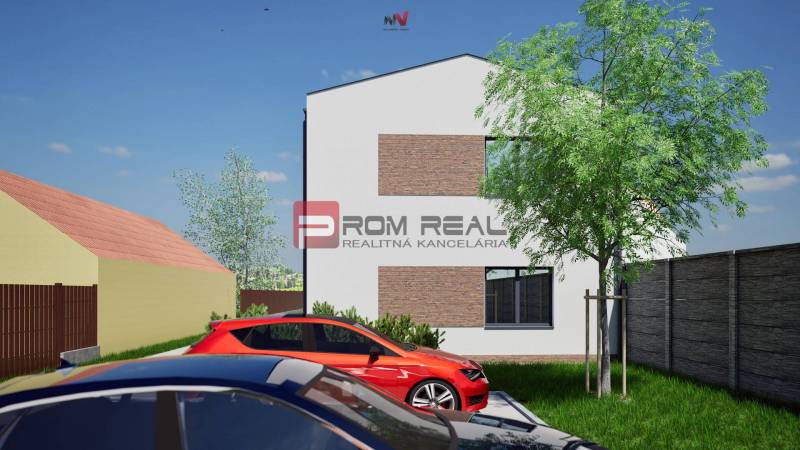 Two-story building with cars and trees on Hlavná Street in Viničné, Plots - residential.