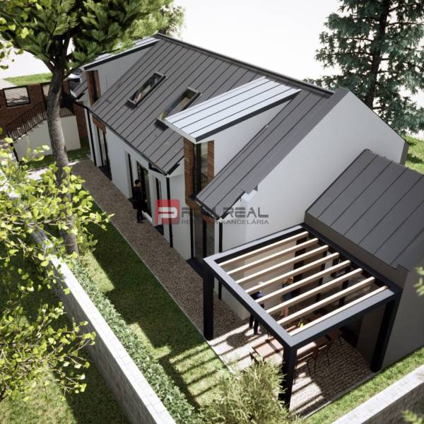 Visualization of a house with a modern roof and pergola on Holubyho Street in Pezinok.