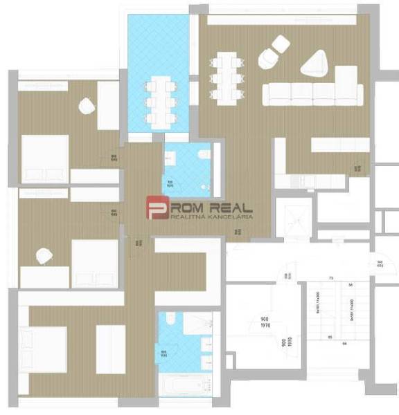 Floor plan of a 4-room apartment with bedrooms, living room, and bathrooms.