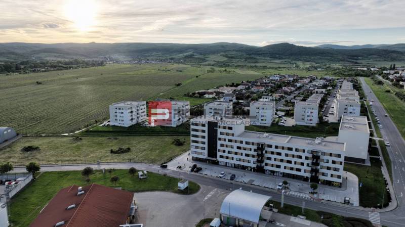 Aerial view of a neighborhood with 4-room apartments on Obchodná Street in Pezinok.
