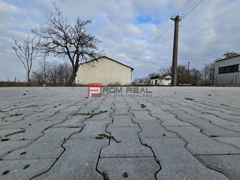 Pavement on Partizánska Street, next to warehouses and halls, with bare trees.