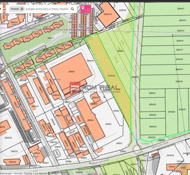 Cadastral map from Pezinok, Šenkvická cesta, showing plots designated for residential use.